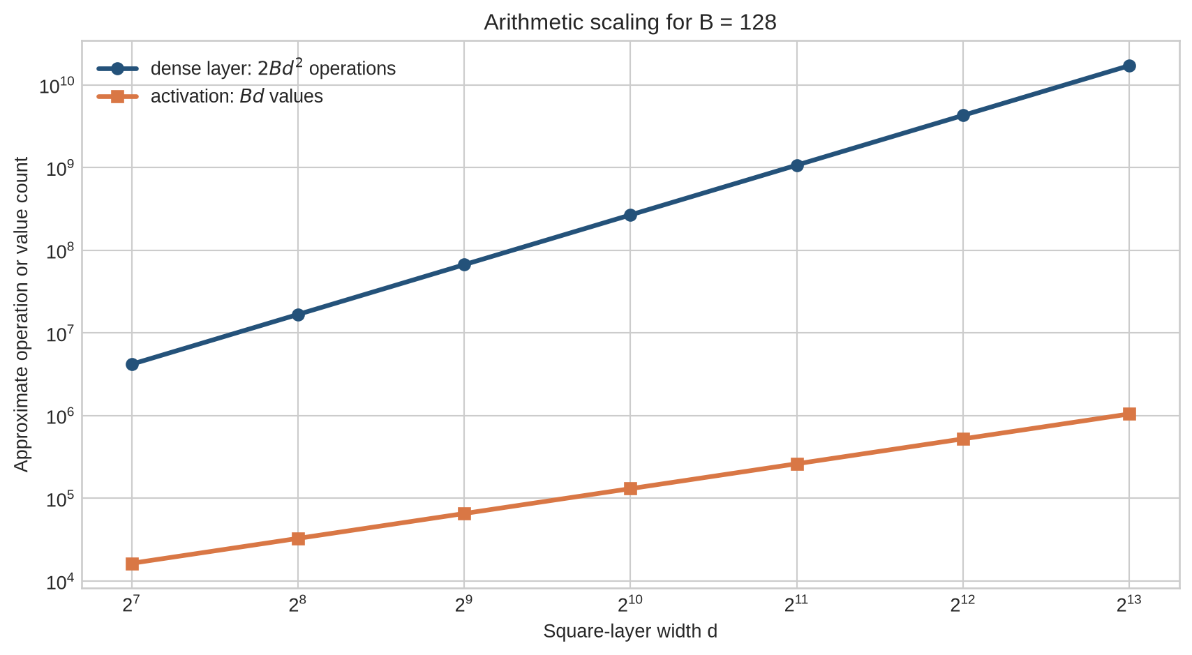 A log-scale comparison shows approximate dense-layer operations and elementwise activation evaluations as hidden width increases for a fixed batch of 128.