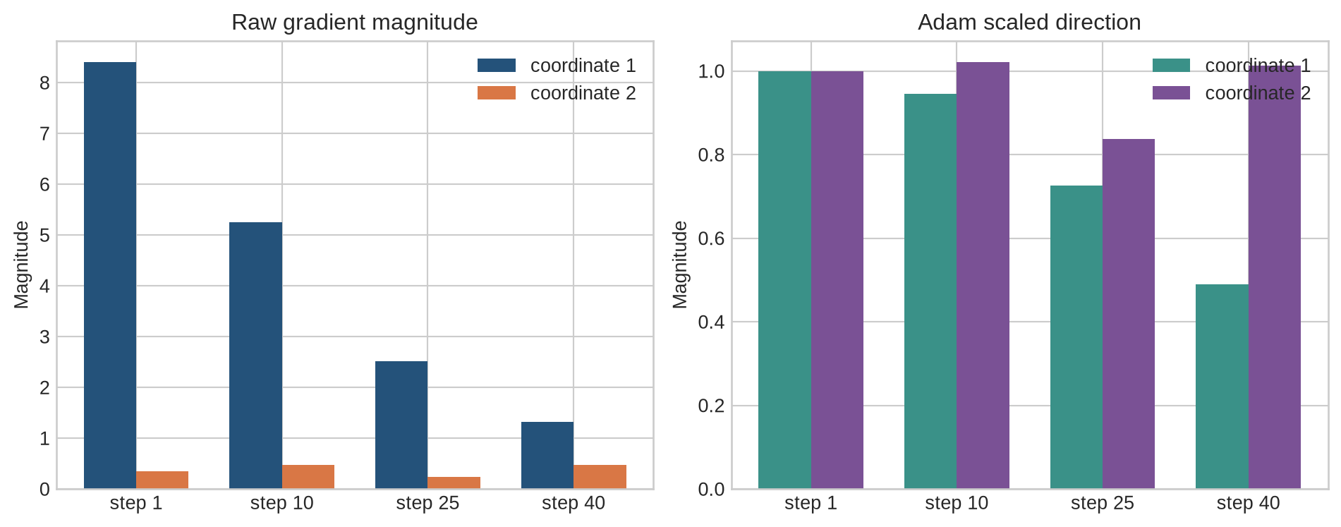 Grouped bars compare raw gradient magnitudes and Adam update magnitudes for two coordinates over selected training steps.