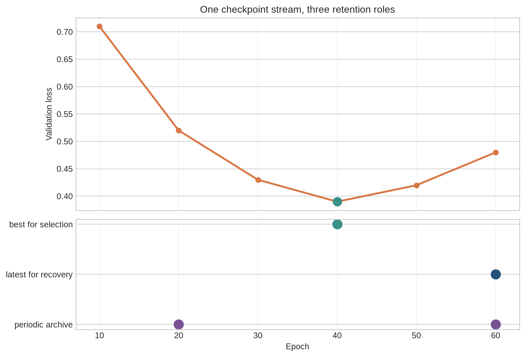 A training timeline marks checkpoints every ten epochs. Epoch forty is retained as best according to validation loss, epoch sixty is latest for recovery, and epochs twenty and sixty are retained as periodic archives.